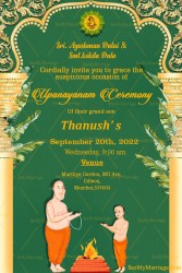 A Green Theme Traditional Invitation Card For Upanayanam Ceremony With Golden Temple Arch