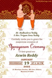 A Traditional Red And White Upanayanam Invitation Card With Cartoon Of Boy Receiving The holy Thread From Father