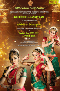 A Rich Gold Sparkling Theme Invitation Card For Arangetram Ceremony