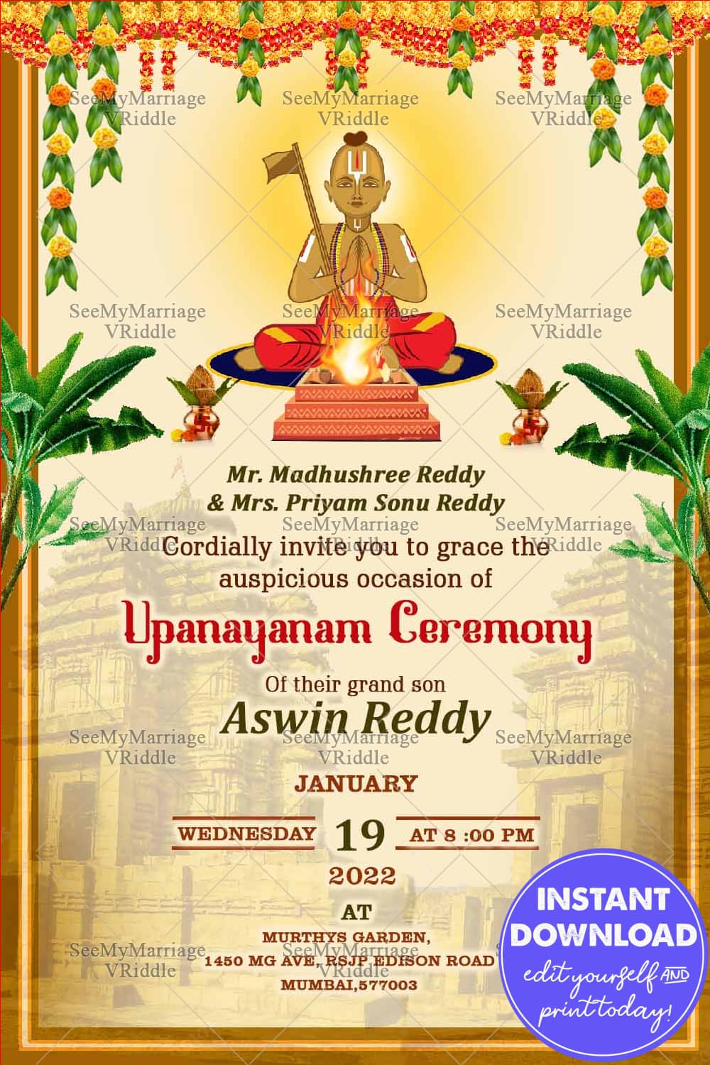 A Traditional Cream Theme Upanayanam Invitation Card With Cartoon Boy