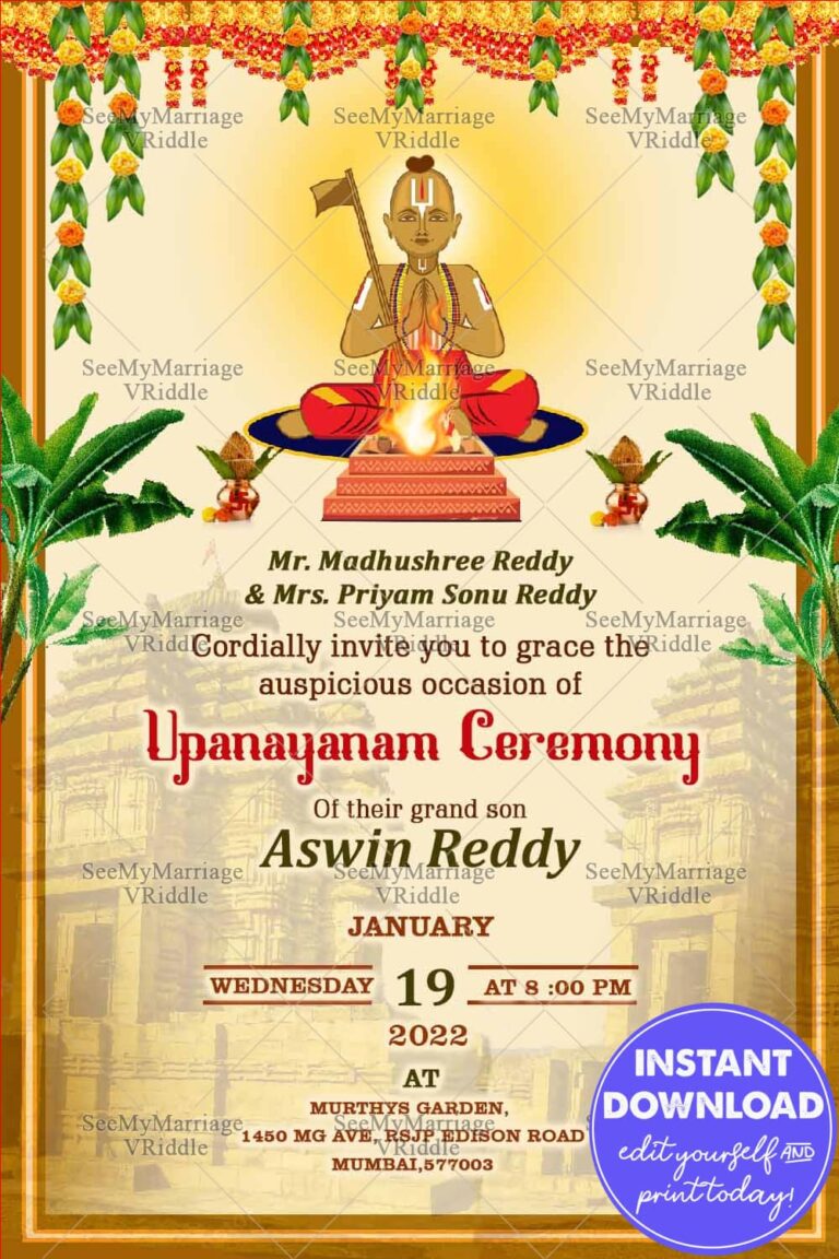 A Traditional  Cream Theme Upanayanam Invitation Card With Cartoon Boy