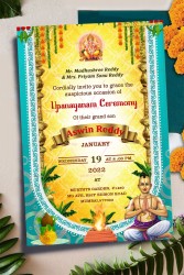 A Traditional Yellow And Blue Theme Upanayanam Invitation Card With Cartoon Boy
