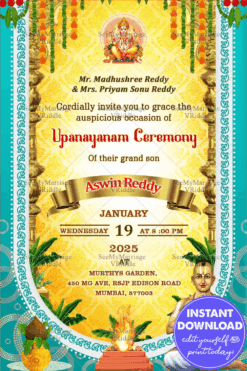 A Traditional  Yellow And Blue Theme Upanayanam Invitation Card With Cartoon Boy
