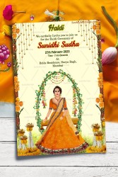 Caricature Haldi Ceremony Invitation Card With Marigold Flower Hanging Decoration