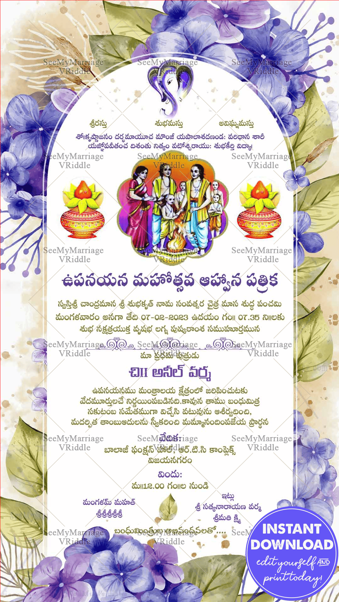 Floral Theme Telugu Upanayanam Ceremony Invitation Card