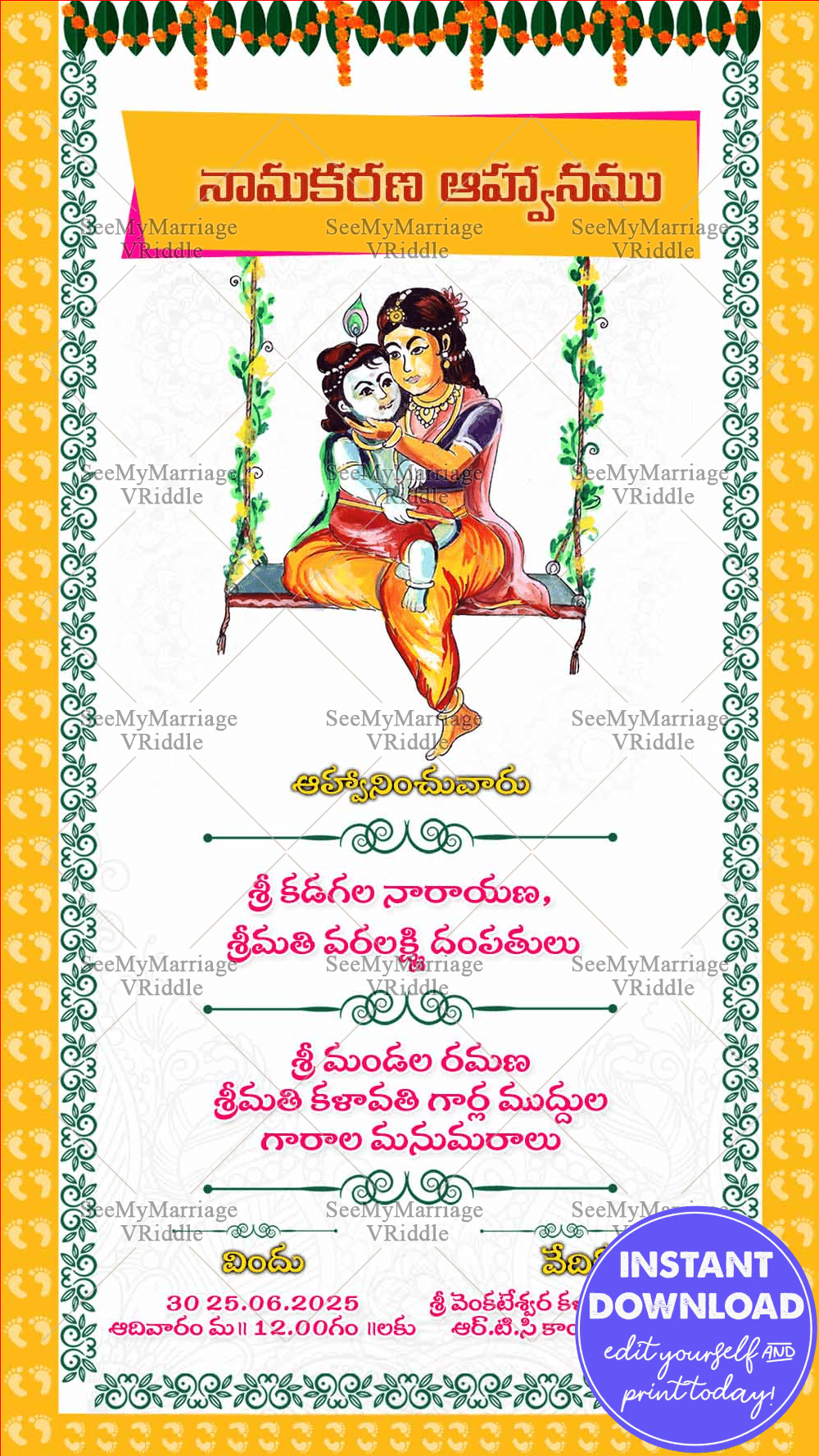 Namakarana Invitation Card, Naming Ceremony, White Theme, Yellow Border, Krishna Yashodha