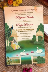 Radha Shyam Inspired Regal Wedding Invitation Card With Peacocks, Swans And Lotus Pond