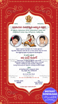 Red White Traditional Telugu Upanayanam Ceremony Invitation Card With Image