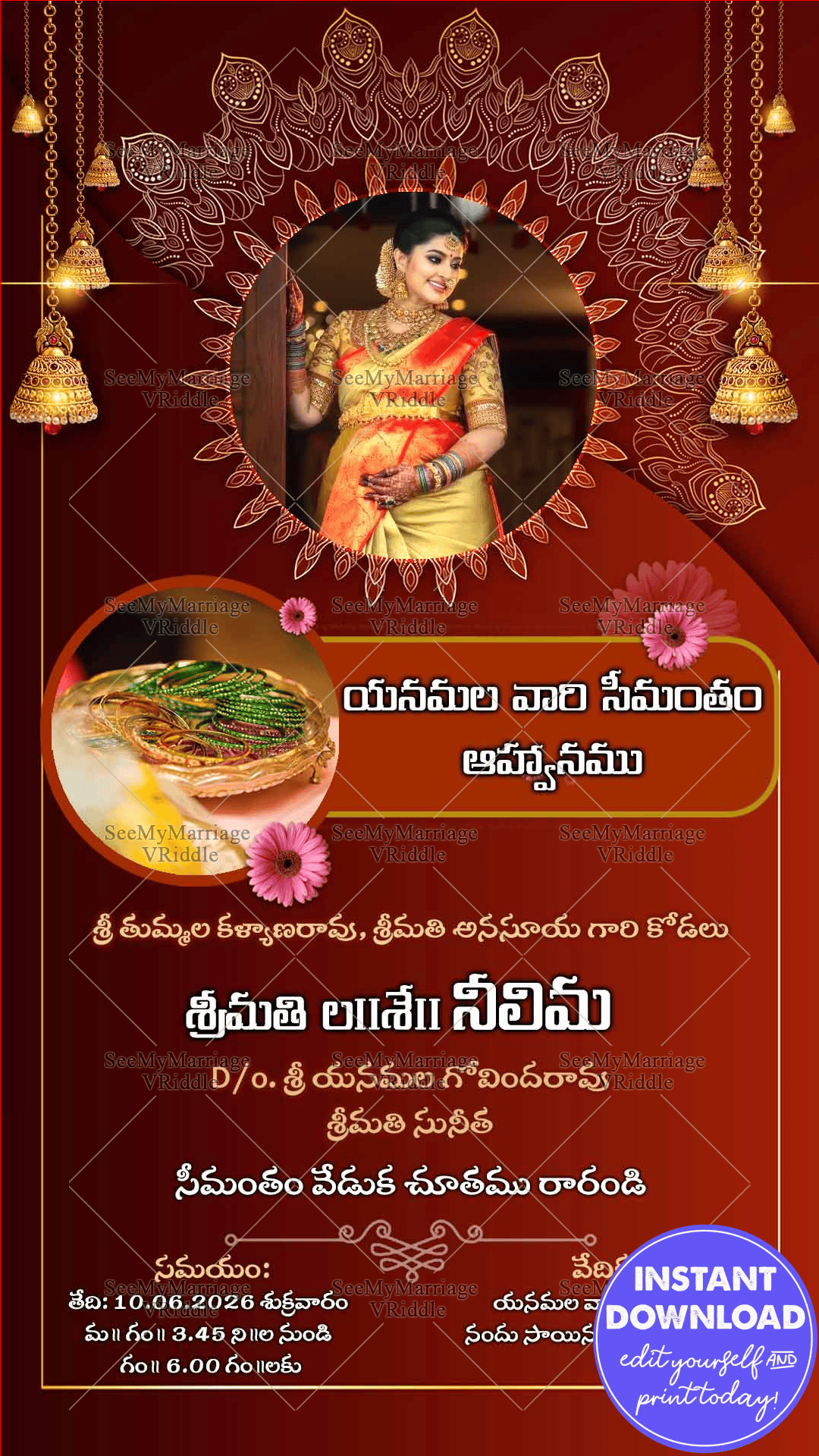 Seemantham Invitation Telugu Baby Shower Red Gold Theme