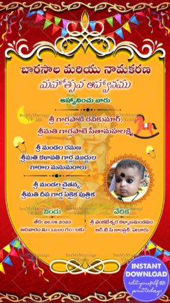 Telugu Barasala Naming Ceremony Invitation Card Traditional Red Yellow Theme
