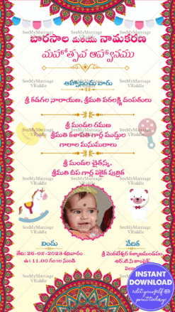 Traditional Telugu Barasala Naming Ceremony Red Blue Rangoli Border