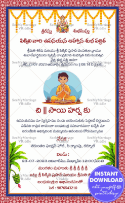 Traditional Telugu Upanayanam Ceremony Invitation Card Vedic Boy Cartoon