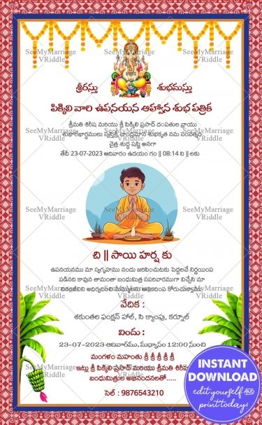 Traditional Telugu Upanayanam Ceremony Invitation Card Vedic Boy Cartoon