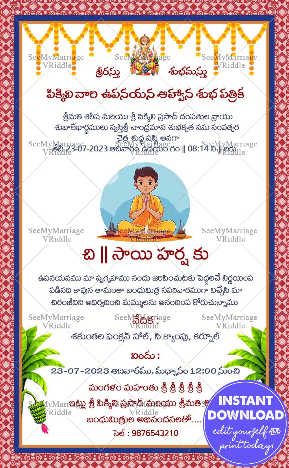 Traditional Telugu Upanayanam Ceremony Invitation Card Vedic Boy Cartoon