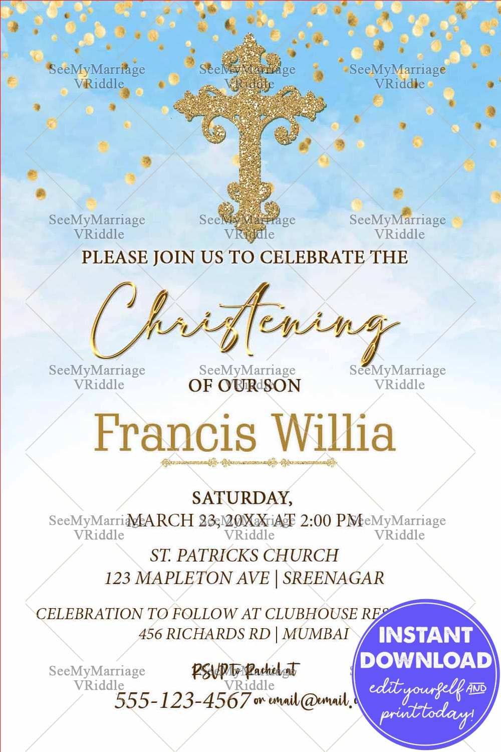 Blue Sky Theme Christening Invitation Card Golden Cross