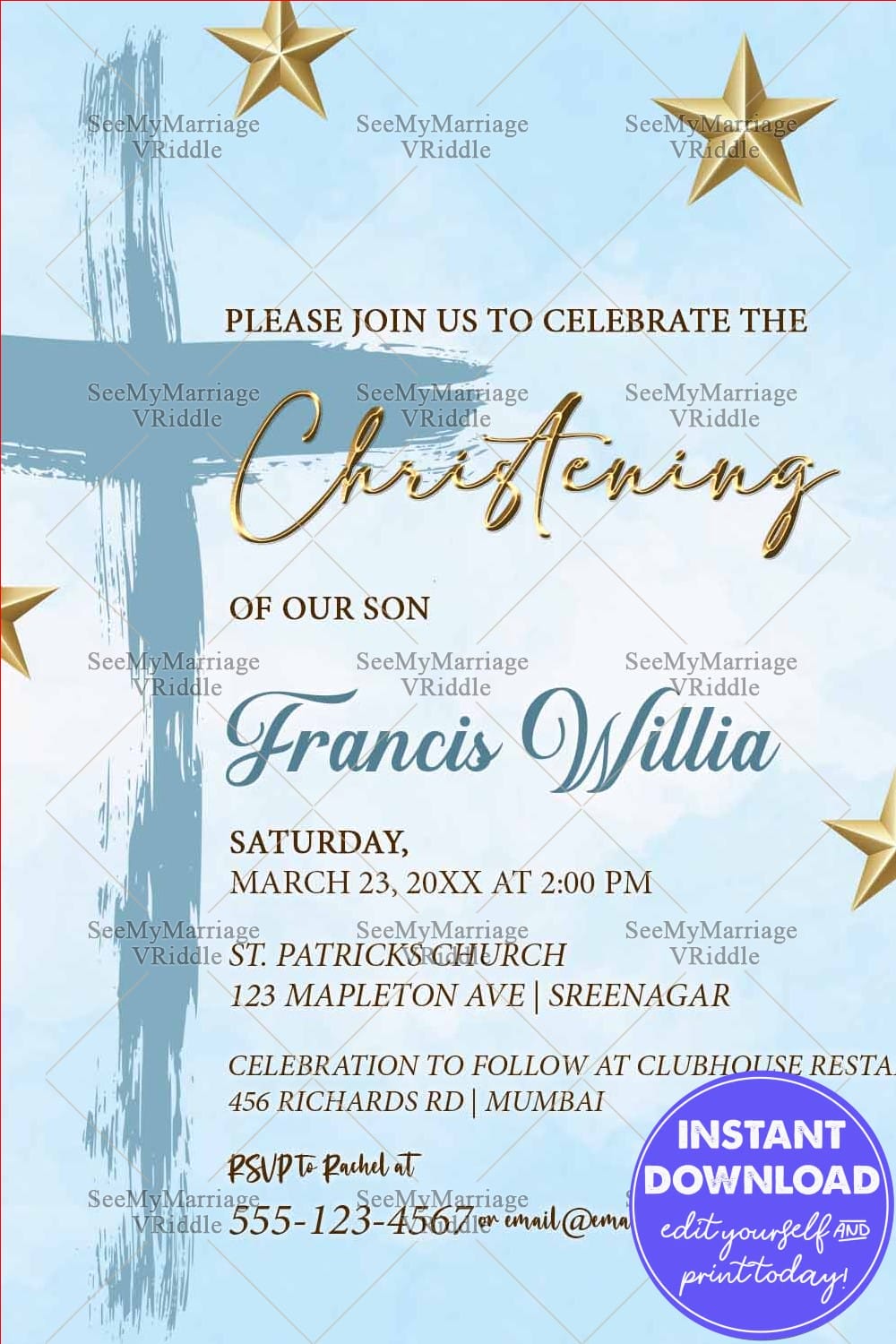 Modern Blue Theme Christening Invitation Card Golden Star