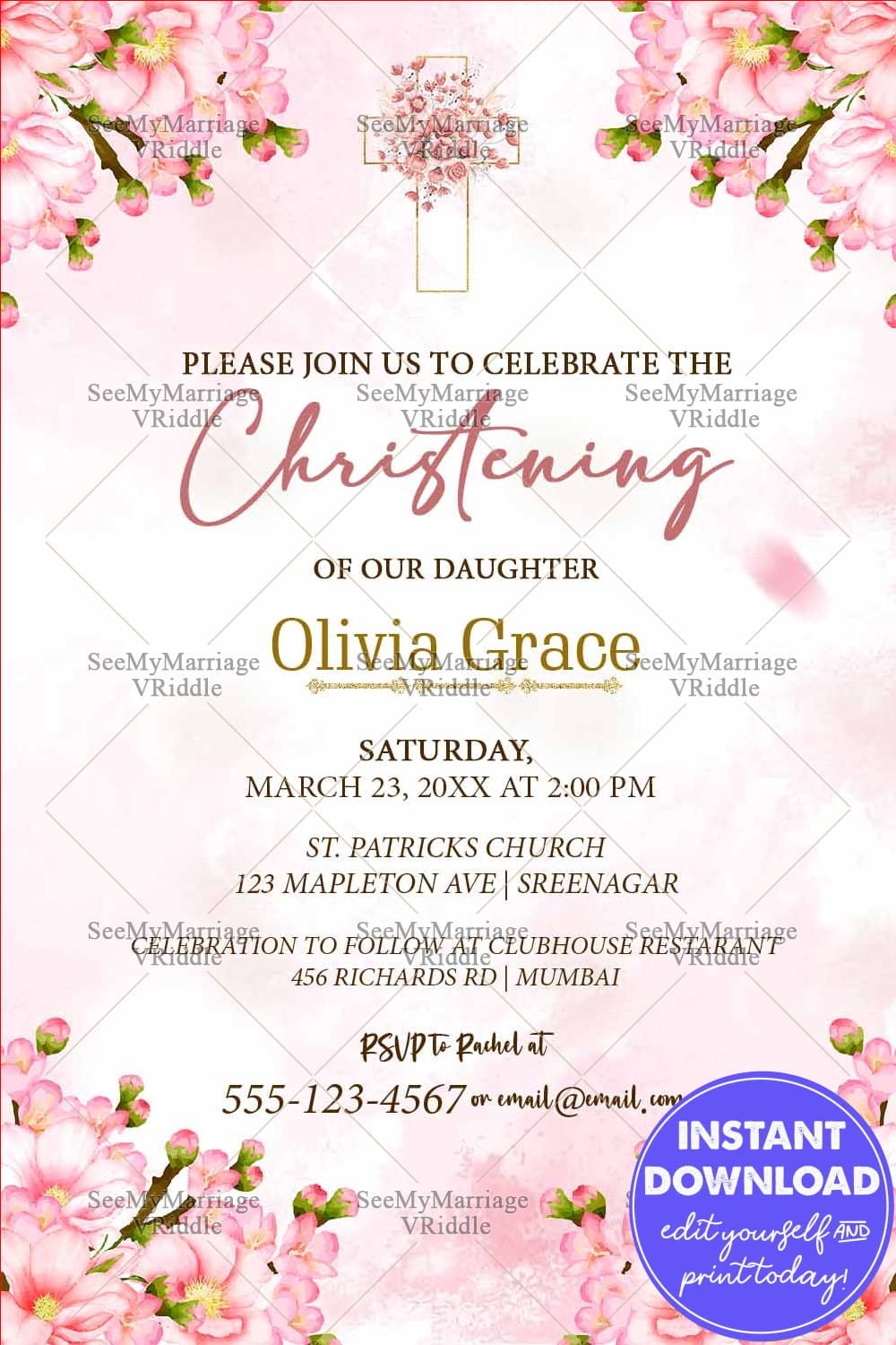 Pink Cherry Blossom Theme Christening Invitation Card