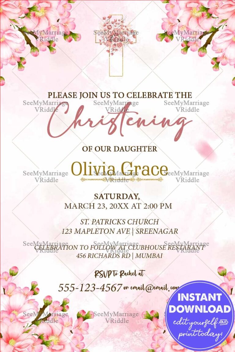Pink Cherry Blossom Theme Christening Invitation Card