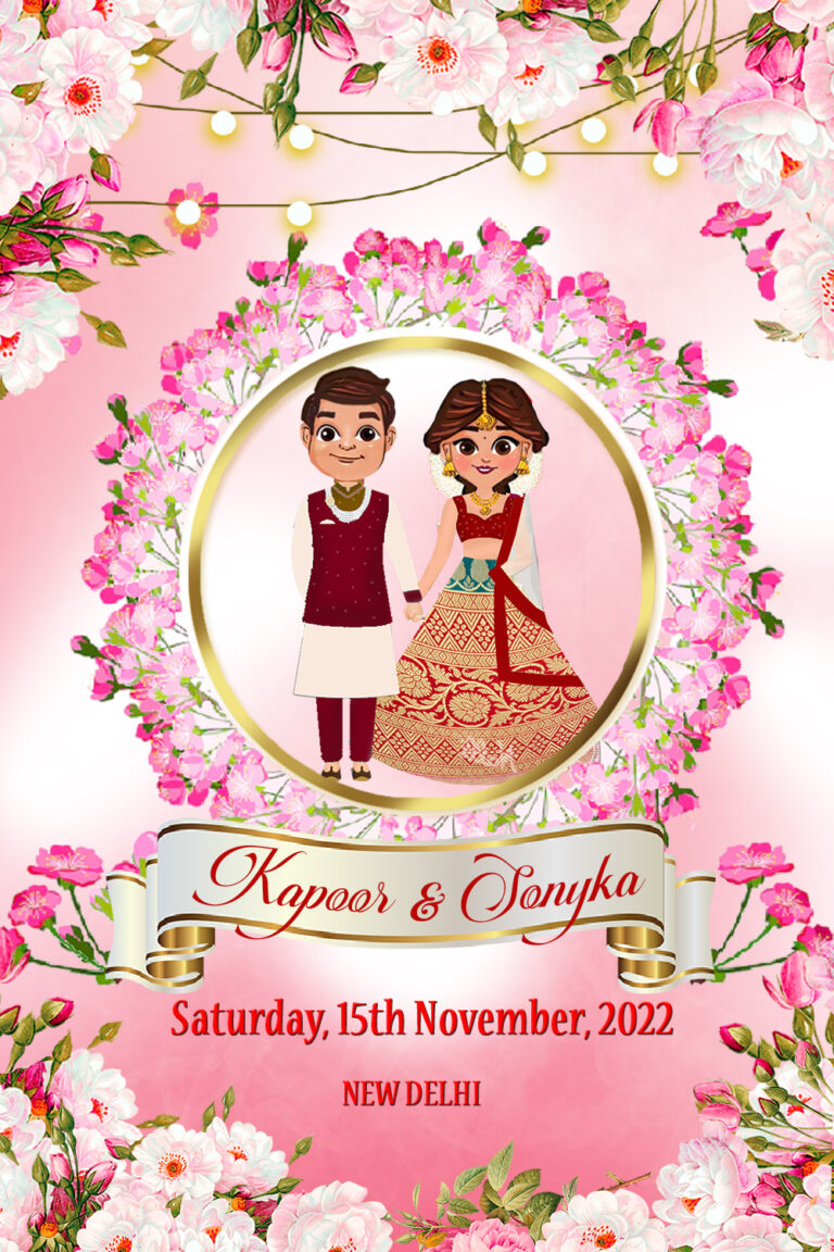 Creative Cartoon Pink Minimal Version Wedding Invitation Video with Couple in Traditional Indian Attire