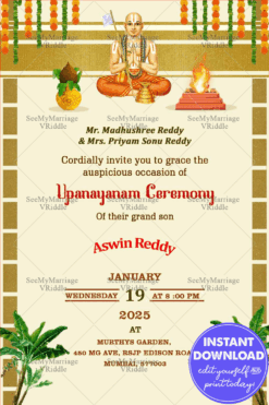 A Traditional Gold Off White Theme Upanayanam Invitation Card With Cartoon Boy
