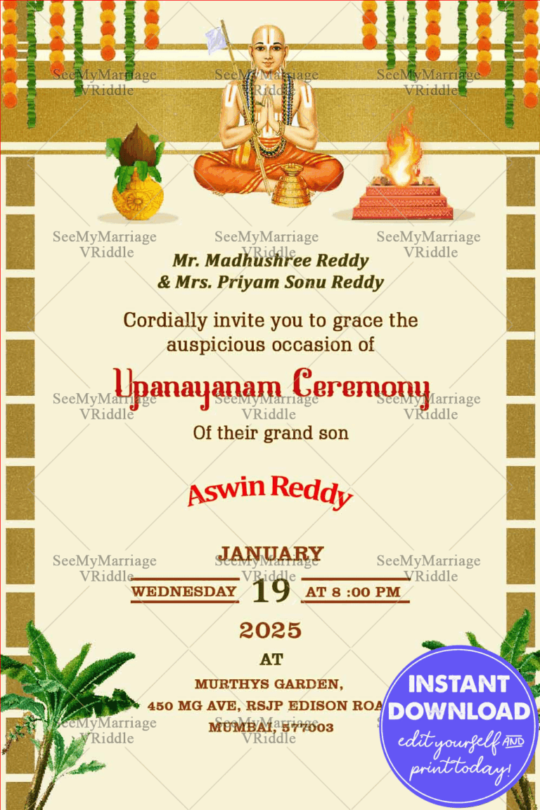 A Traditional Gold Off White Theme Upanayanam Invitation Card With Cartoon Boy