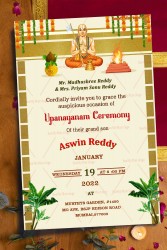 A Traditional Gold Off White Theme Upanayanam Invitation Card With Cartoon Boy