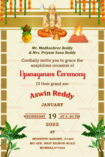 A Traditional Gold Off White Theme Upanayanam Invitation Card With ...