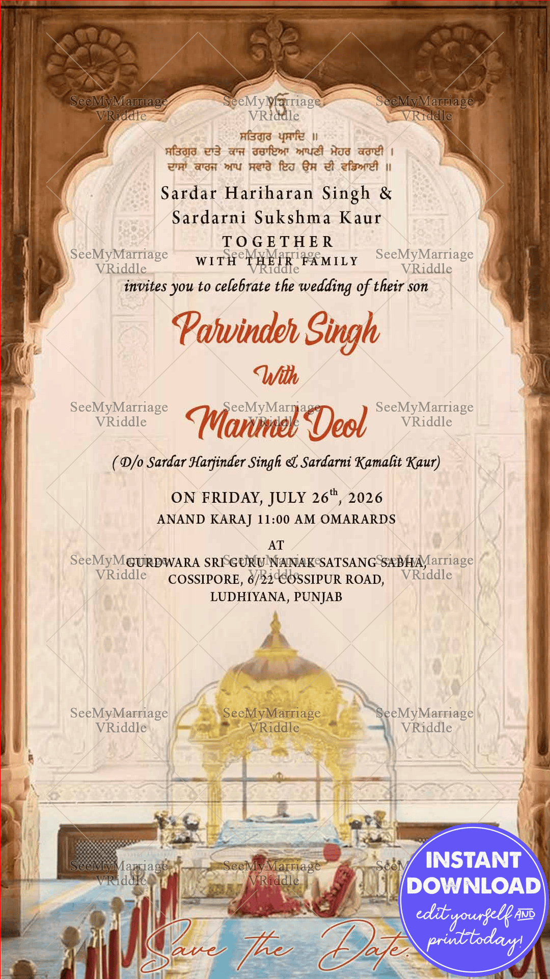Anand Karaj Sikh Wedding Invitation Card Golden Gurudwara Theme