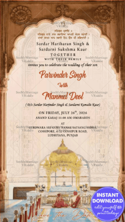 Anand Karaj Sikh Wedding Invitation Card Golden Gurudwara Theme