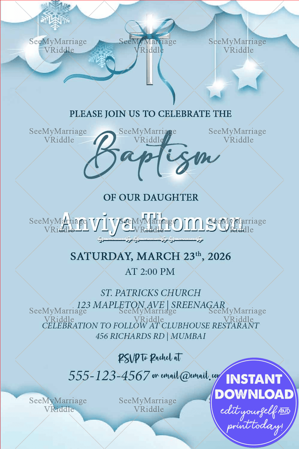 Blue Baptism Invitation Card Adorned With Moon And Stars