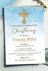 Blue Sky Theme Christening Invitation Card Golden Cross