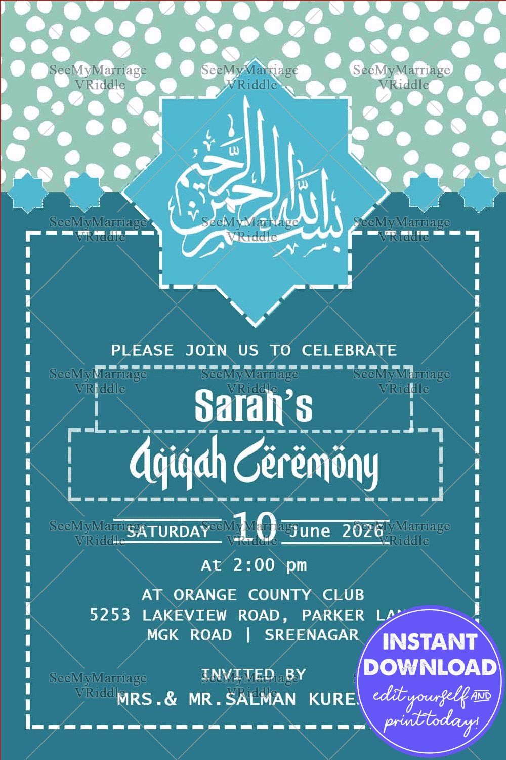 Blue Theme Aqiqah Invitation Card Eight Point Islamic Star
