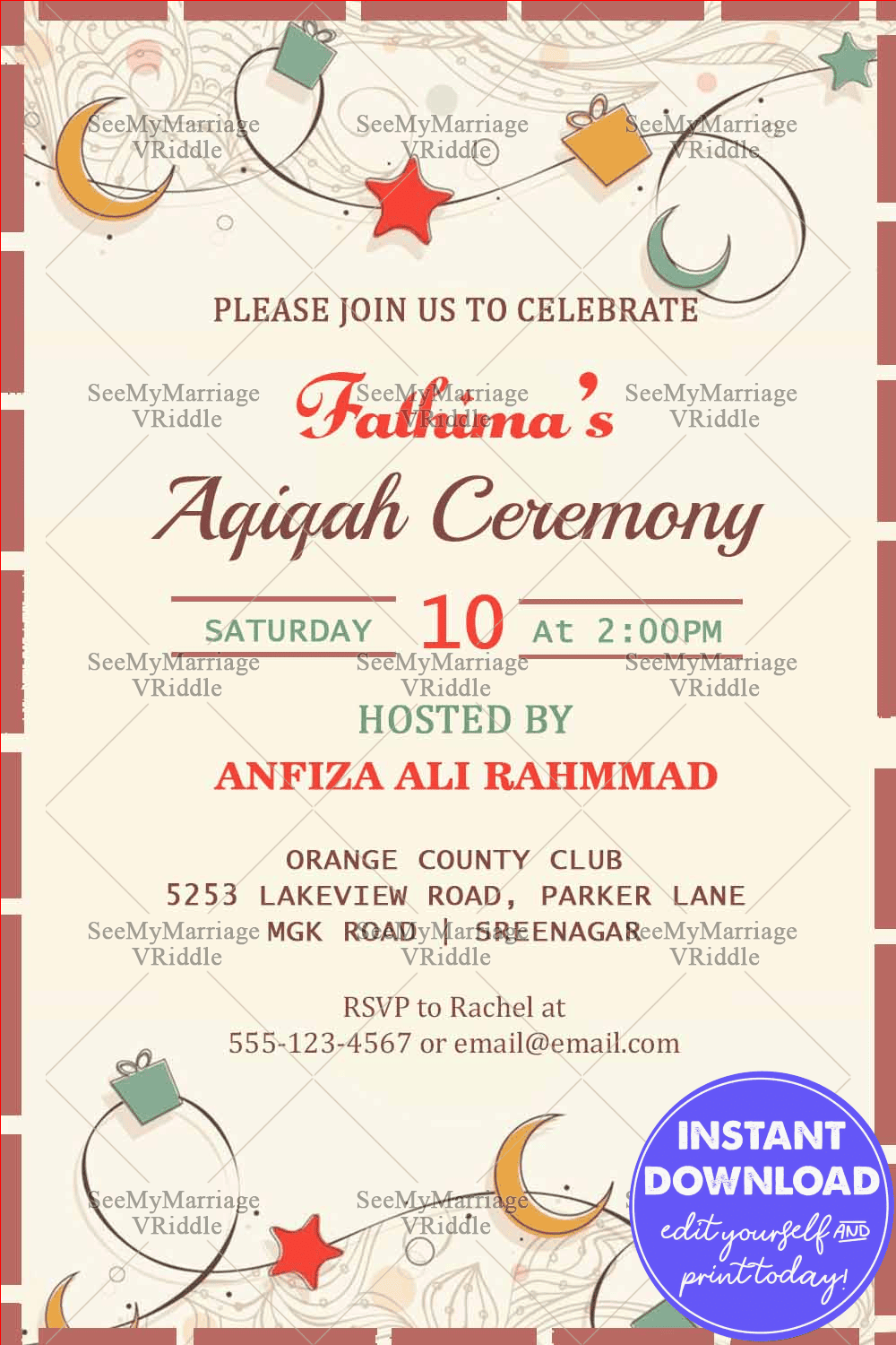 Crescent Moon And Star Aqiqah Invitation Card Cream Theme