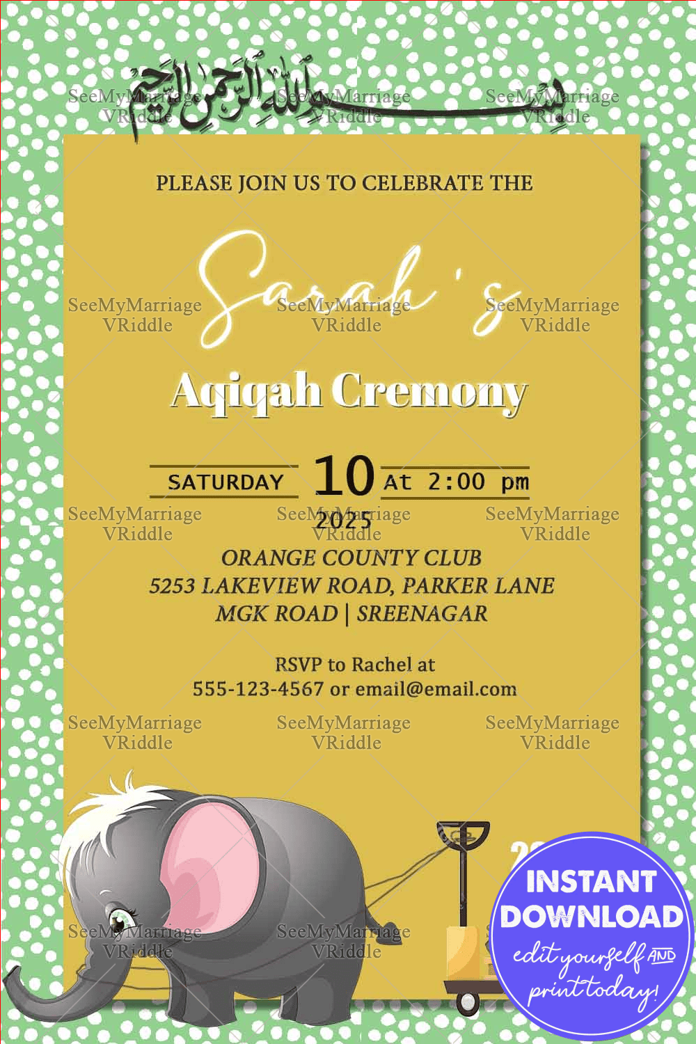 Cute Elephant Theme Aqiqah Invitation card