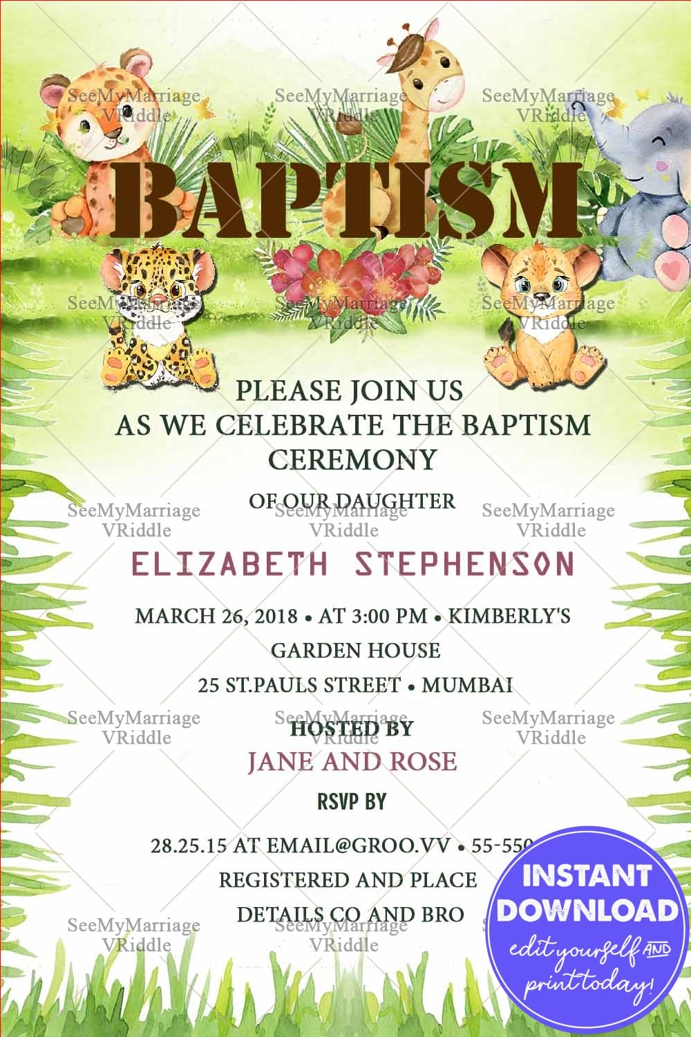 Fun Jungle Theme Baptism Invitation Card