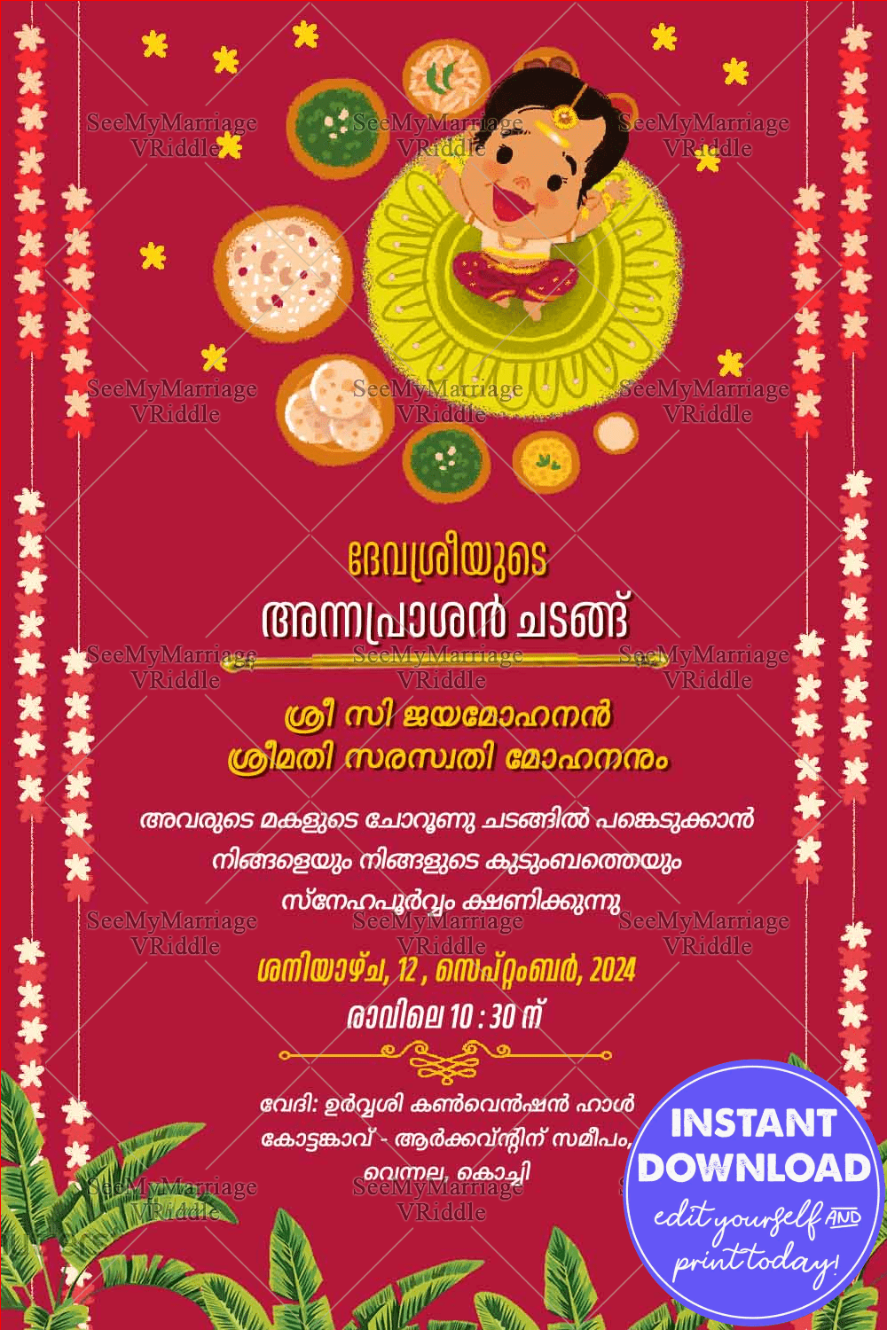 Kerala Traditional Red Theme Choroonu Invitation Card With Cartoon Baby And floral decoration