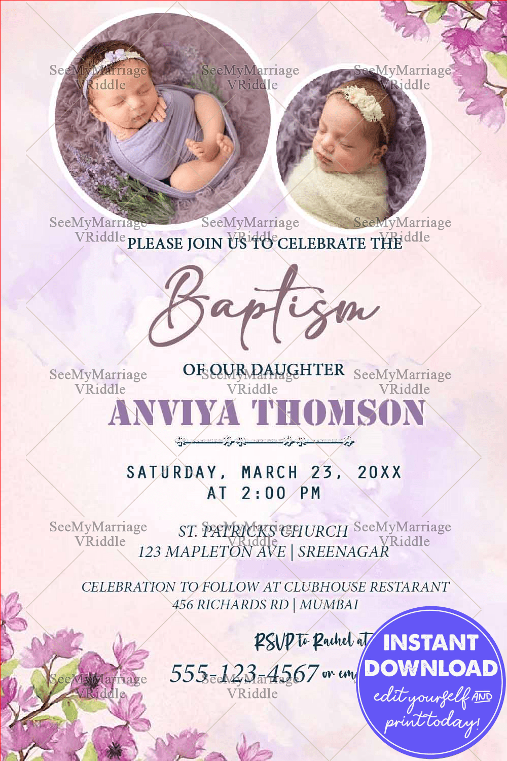 Lilac Floral Theme Baptism Invitation Card With Baby Photos