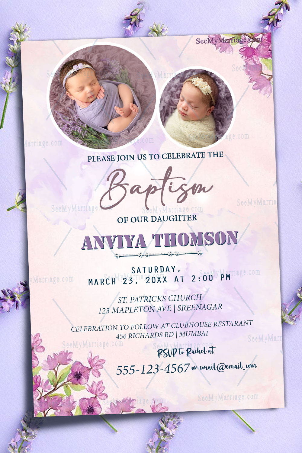 Lilac Floral Theme Baptism Invitation Card With Baby Photos