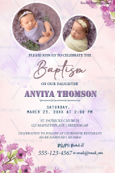 Lilac Floral Theme Baptism Invitation Card With Baby Photos