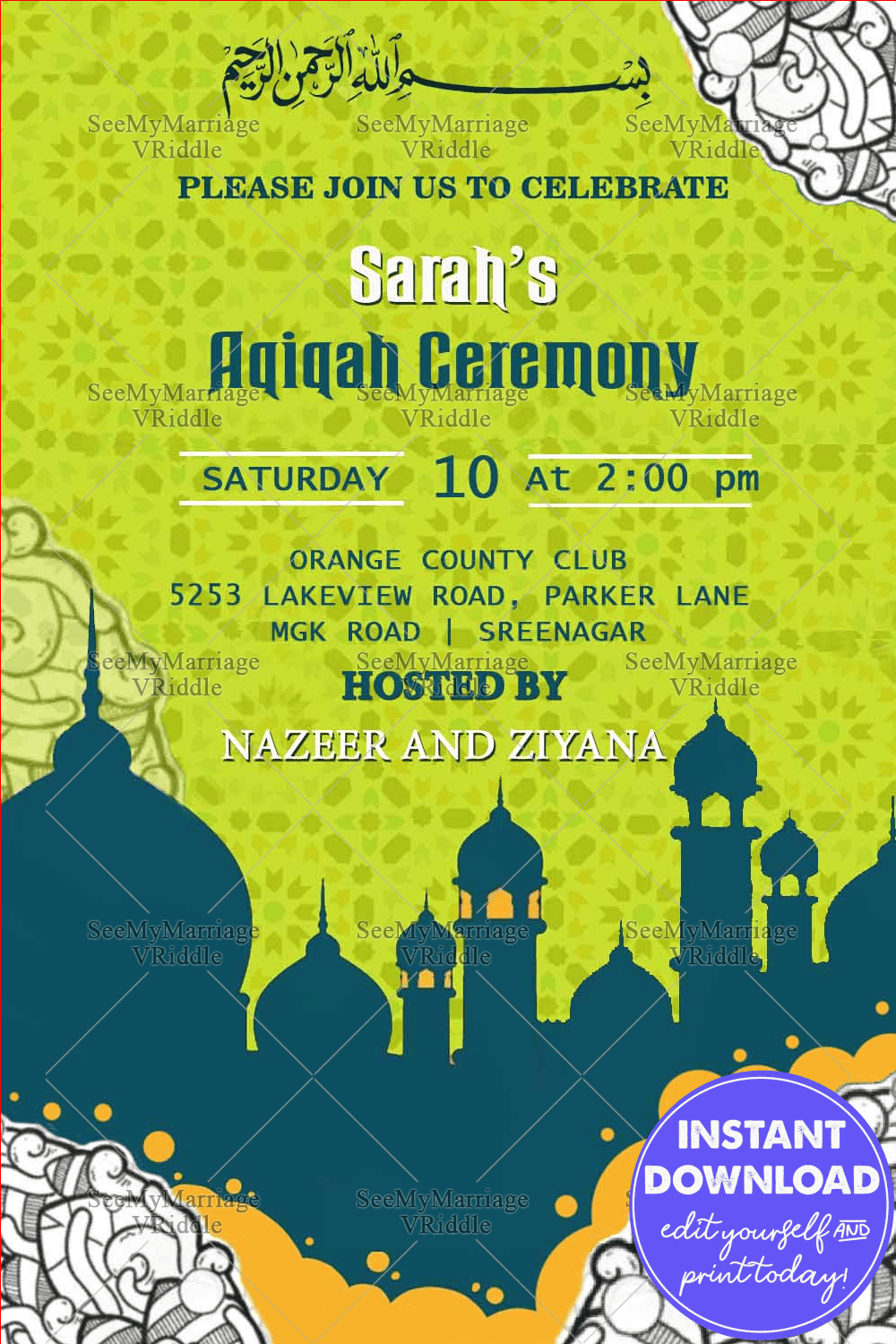 Mosque Theme Aqiqah Invitation card Bright Green