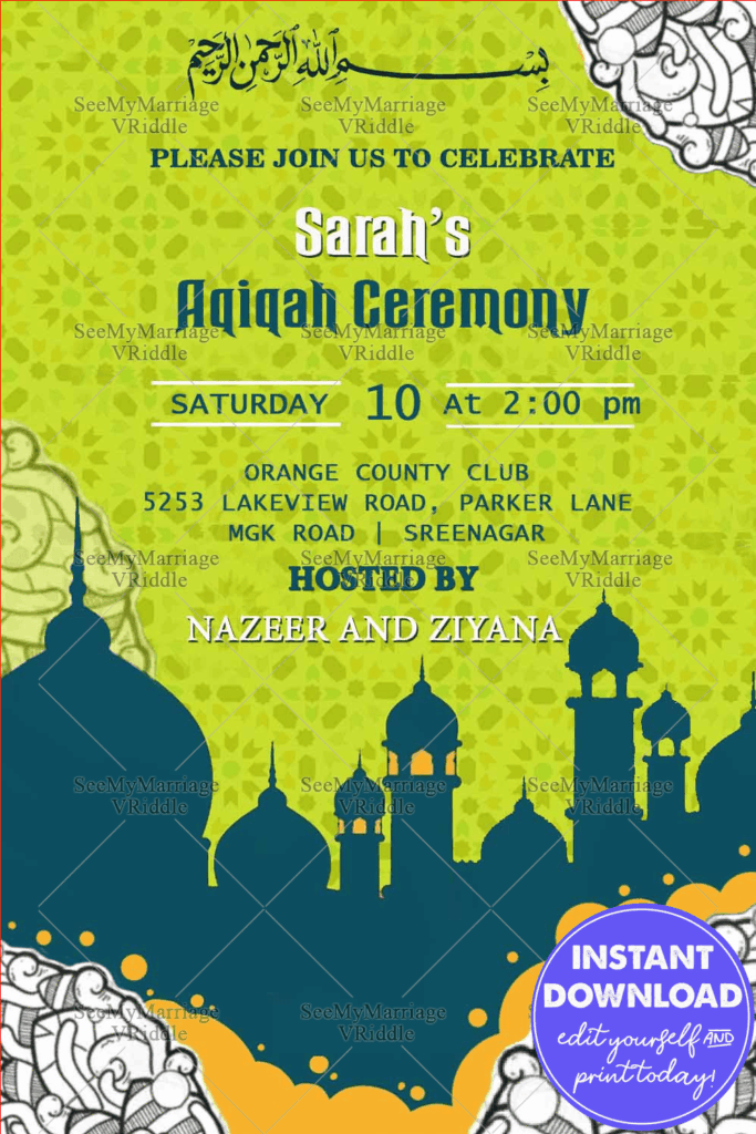 Mosque Theme Aqiqah Invitation card Bright Green