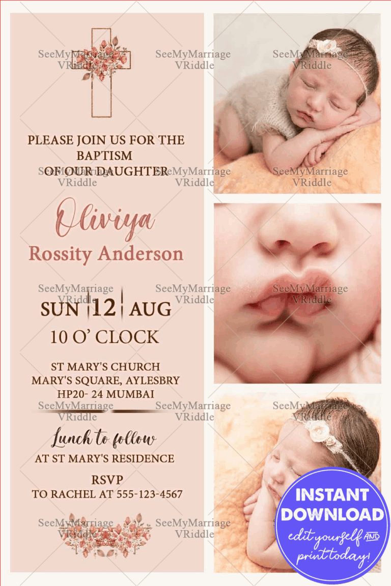 Peachy Pink Baptism Invitation Card With Baby Photos