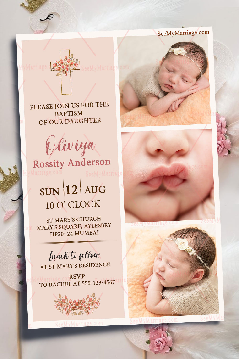 Peachy Pink Baptism Invitation Card With Baby Photos