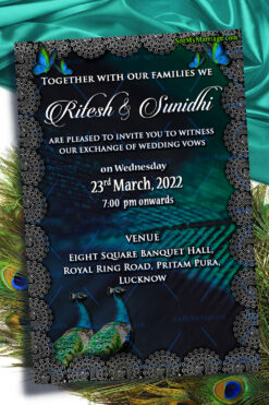 Peacock Blue Theme Christian Wedding Invitation Card