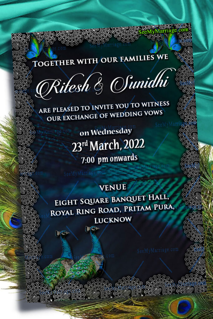 Peacock Blue Theme Christian Wedding Invitation Card