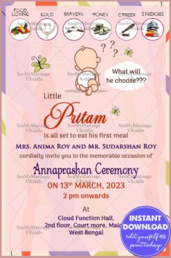 Pink Annaprashan Invitation Card Cute Cartoon Baby