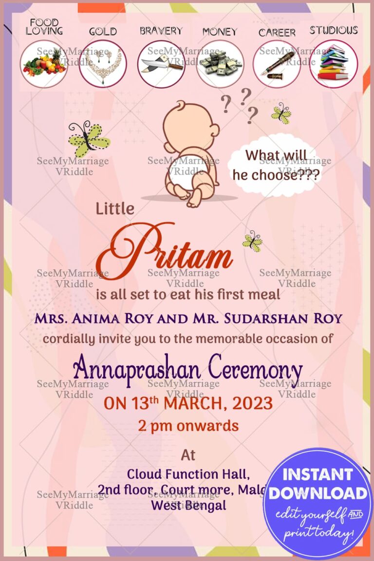 Pink Annaprashan Invitation Card Cute Cartoon Baby