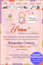 Pink Annaprashan Invitation Card Cute Cartoon Baby OG