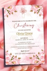 Pink Cherry Blossom Theme Christening Invitation Card