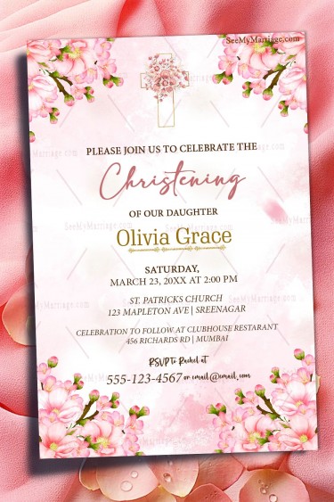 Pink Cherry Blossom Theme Christening Invitation Card